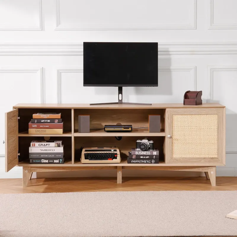 Rattan-TV-Ständer 191cm Fernseher Boho-TV-Schrank Fernsehschrank Eiche