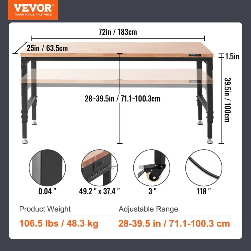 Reguleeritava töölauaga töölaud, 183 x 63,5 cm, 1361 kg