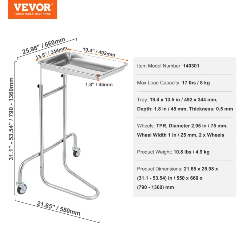 Roostevabast terasest laborikärud, 7,26 kg, 492 x 344 mm