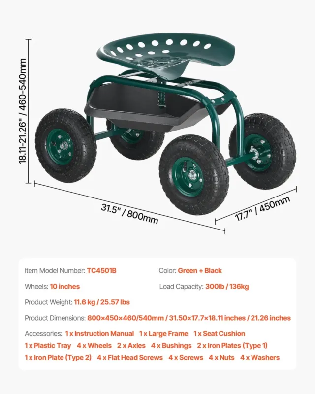 Rulluv aiakäru pöörleva istmega, 136 kg, 25,4 cm