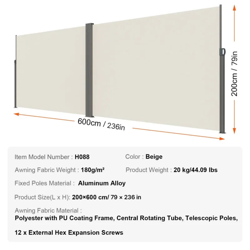 Sissetõmmatav külgmarkiis, 180 g, 200 x 600 cm