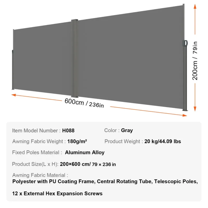 Sissetõmmatav külgmine varikatus, 180 g, 200 x 600 cm