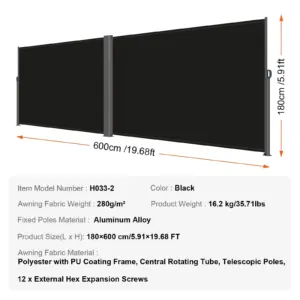 Sissetõmmatav külgmine varikatus, 280 g, 180 x 600 cm — pilt 7
