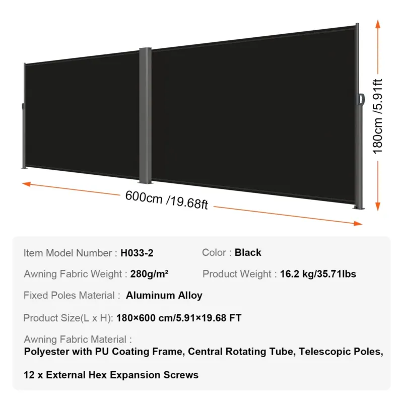 Sissetõmmatav külgmine varikatus, 280 g, 180 x 600 cm