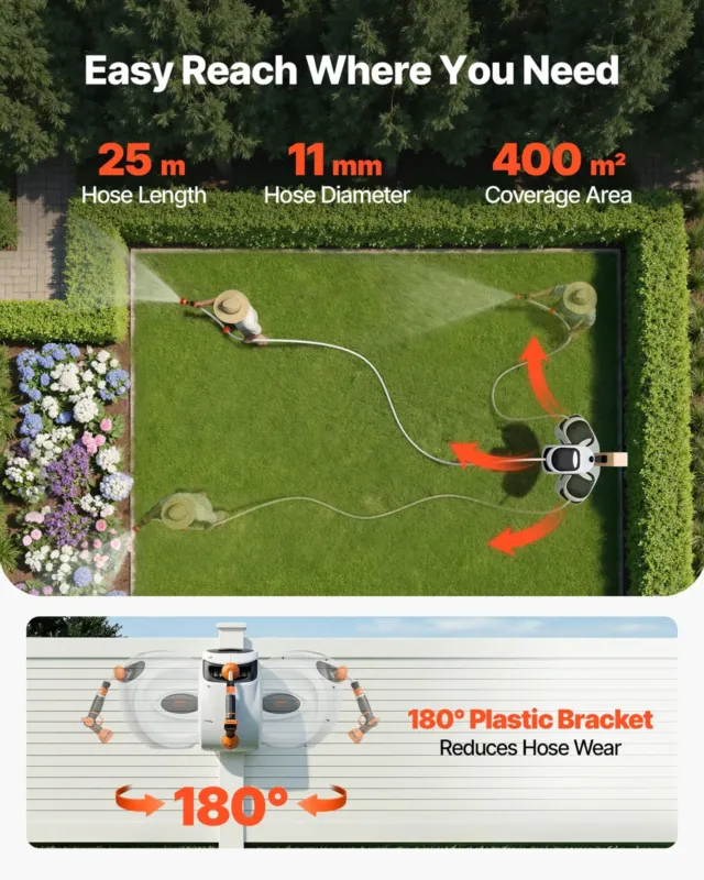 Sissetõmmatav voolikurull veevoolikurull 25m x 1.3cm 180° pöörlev