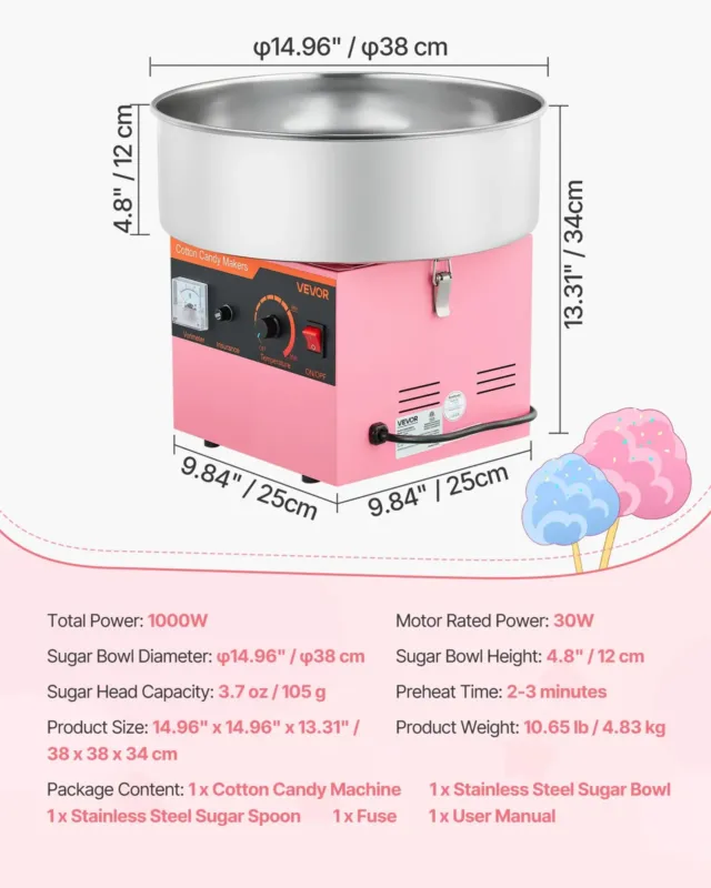 Suhkruvatimasin 1000 W, 38 cm, roosa