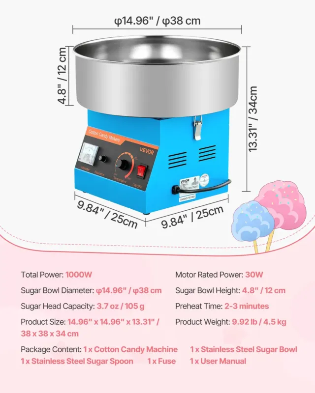 Suhkruvatimasin 1000 W, 38 cm, sinine