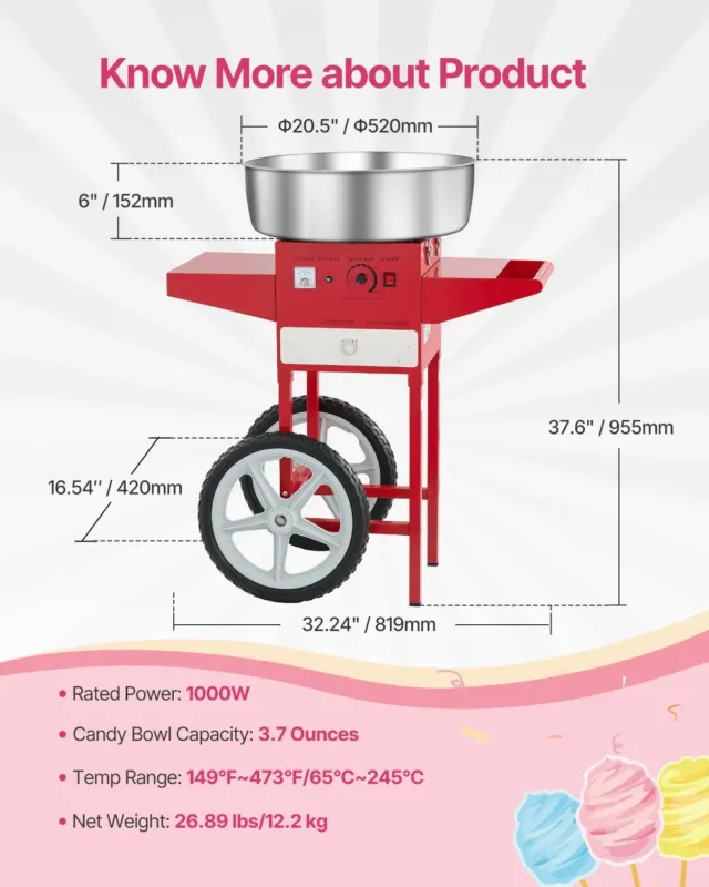 Suhkruvatimasin 1000 W, 52 cm, punane