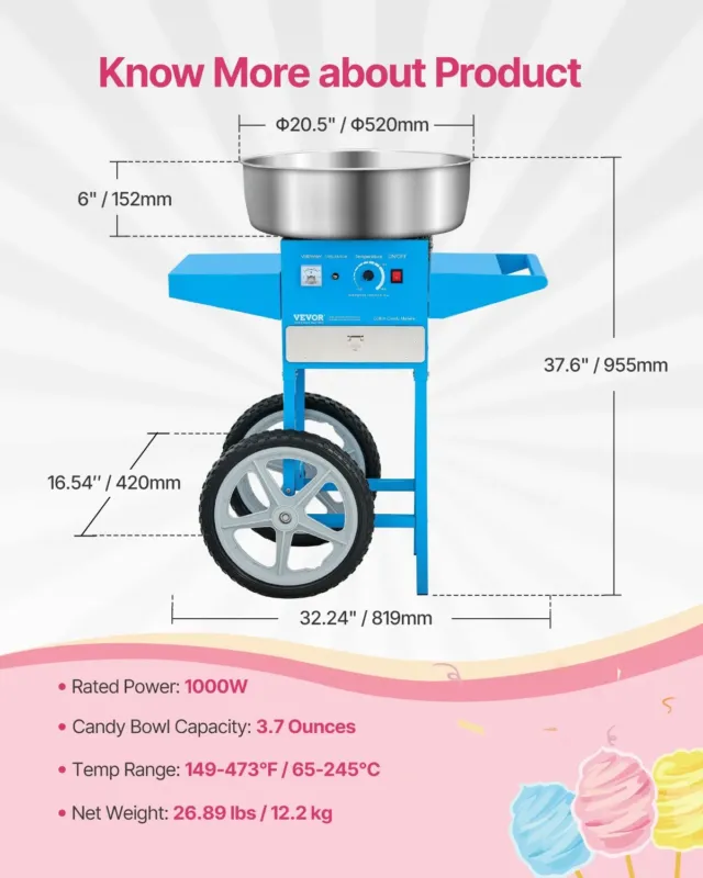 Suhkruvatimasin 1000 W, 52 cm, sinine