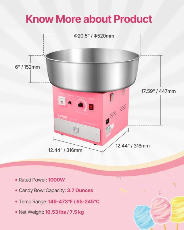 Suhkruvatimasin 1000 W, 52 cm, sirge pind