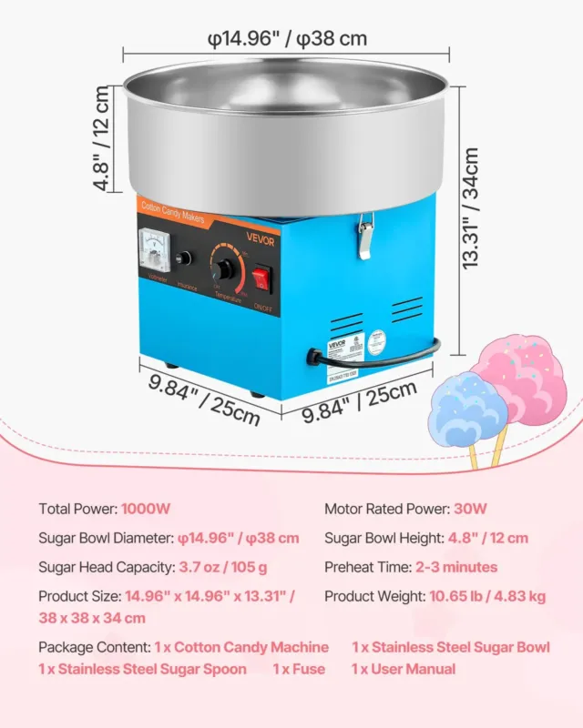 Suhkruvatimasin 1000 W, kauss 38 cm, sinine