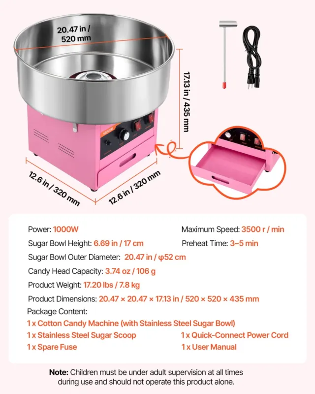 Suhkruvatimasin 1000 W, roosa