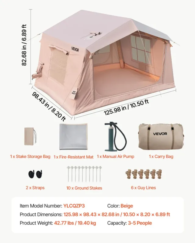 Täispuhutav telk 2-4 inimesele pumbaga beež, 19,40 kg, 320 x 250 x 210 cm