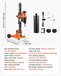 VEVOR Teemantsüdamikpuurmasin, 305 mm, 3000 W, 54×43×115 cm — pilt 7