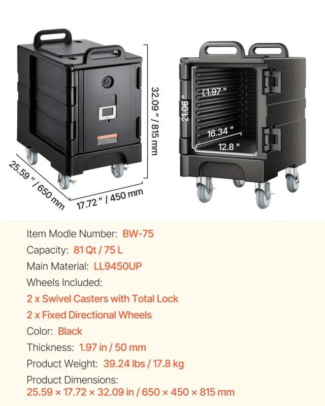 Termokast toidu transpordiks 76,7 L, must, suur ratas