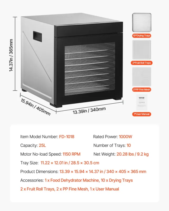 Toidukuivati 10 restiga, 1000 W, roostevaba teras