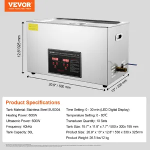Ultrasonic Cleaner with Digital Timer & Heater, 30 L — pilt 7