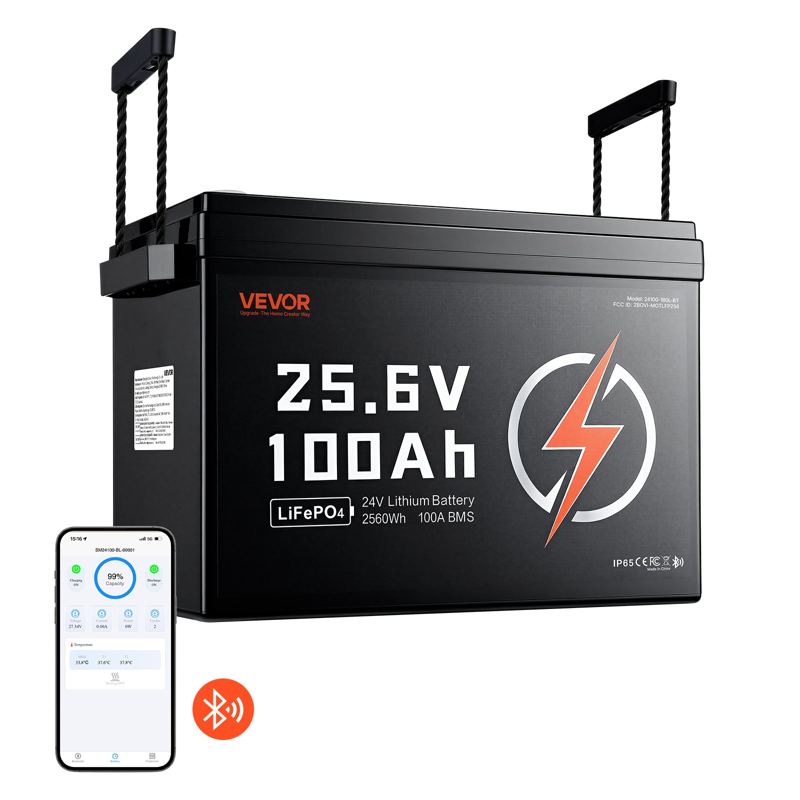 24V 100Ah LiFePO4 ličio akumuliatorius 4000+ ciklai 100A BMS su Bluetooth
