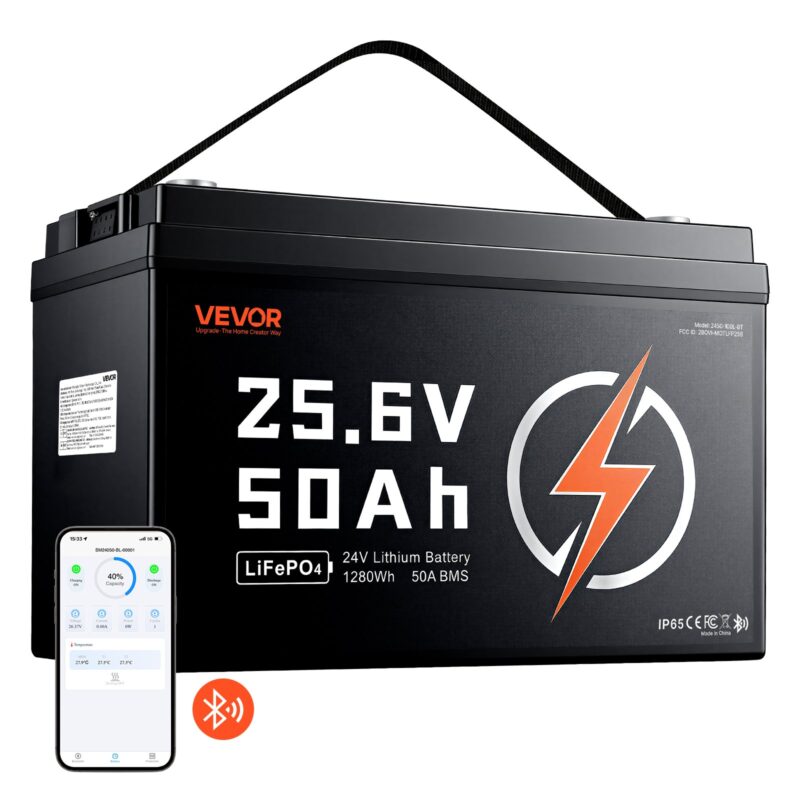 24V 50Ah LiFePO4 Lithium Battery 4000+ Cycles 50A BMS with Bluetooth, 100 L