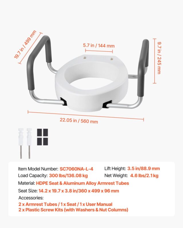 Kõrgendatud WC-poti iste käetugedega, 136,08 kg, 136,1 kg, 88,9 mm