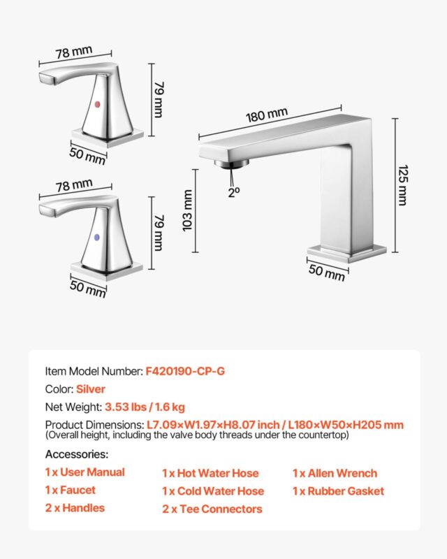 VEVOR Rooma vannisegisti, hõbe, 180×50×205 mm