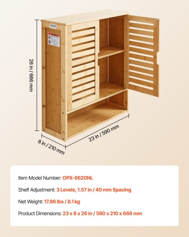 VEVOR Vannitoa seinakapp, 2 uksega, 590×210×666 mm