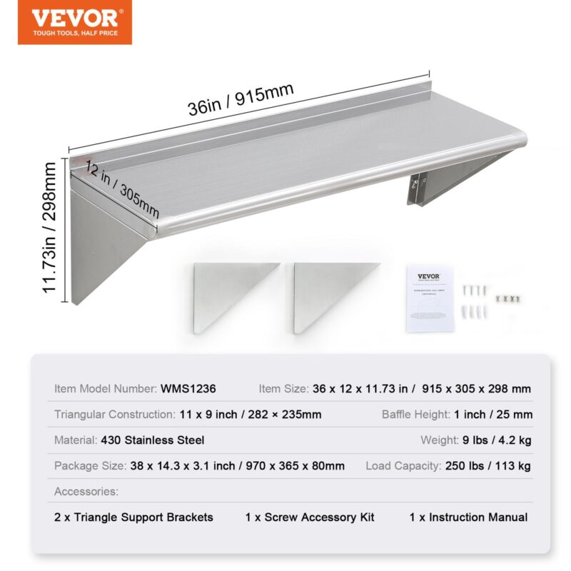 30,5 x 91,4 cm roostevabast terasest riiul, 113 kg, 113,4 kg