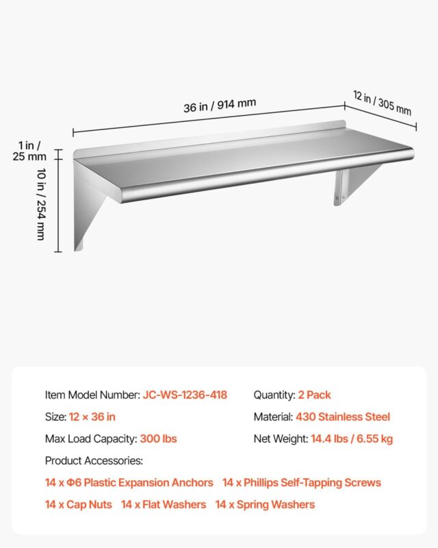 Roostevabast terasest riiul 305 x 914 mm 2 tk seinale kinnitatavat ujuvriiulit, 136 kg