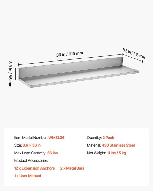 Roostevabast terasest riiul 218 x 914 mm 2 tk seinale kinnitatav ujuvriiul, 29,9 kg, 30 kg