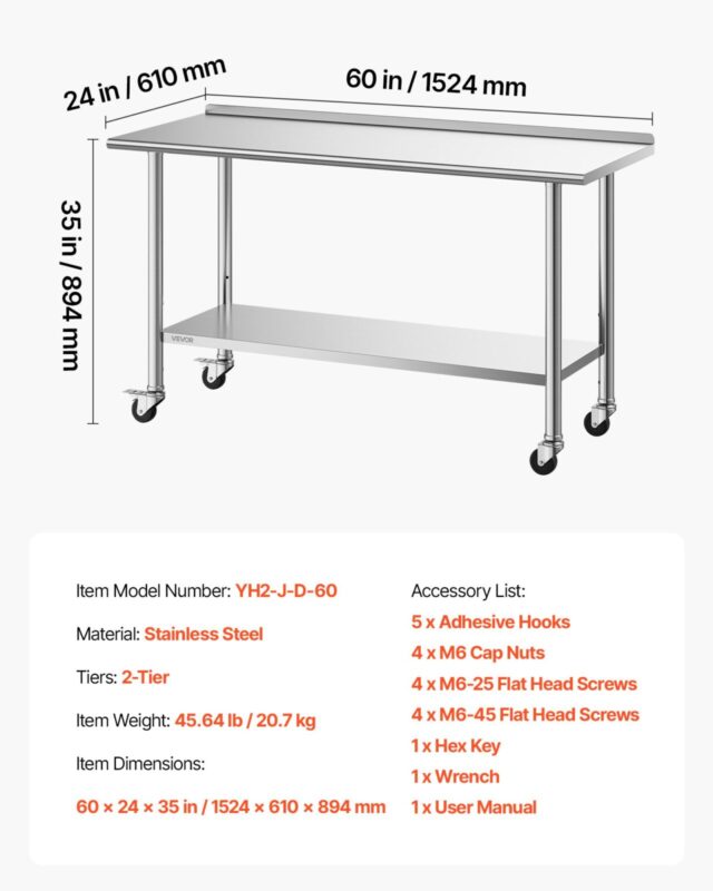 VEVOR Roostevabast terasest töölaud, 61 x 152 cm, 1524×610×894 mm, 62 cm
