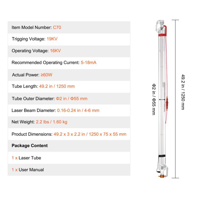 60W CO2 lasertoru, 1250 mm, 60 W