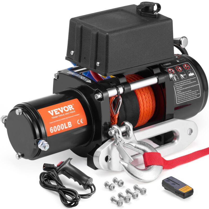 Electric Winch for Truck 2721.6 kg Synthetic Rope Waterproof Remote Control, 2722 kg