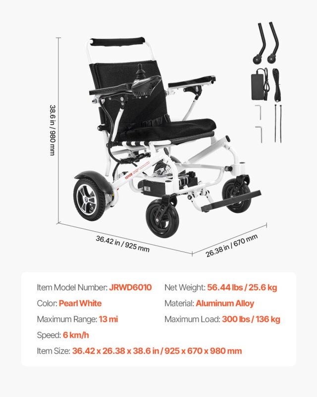VEVOR Elektriline ratastool täiskasvanutele, 136 kg, 53 cm, pärlvalge