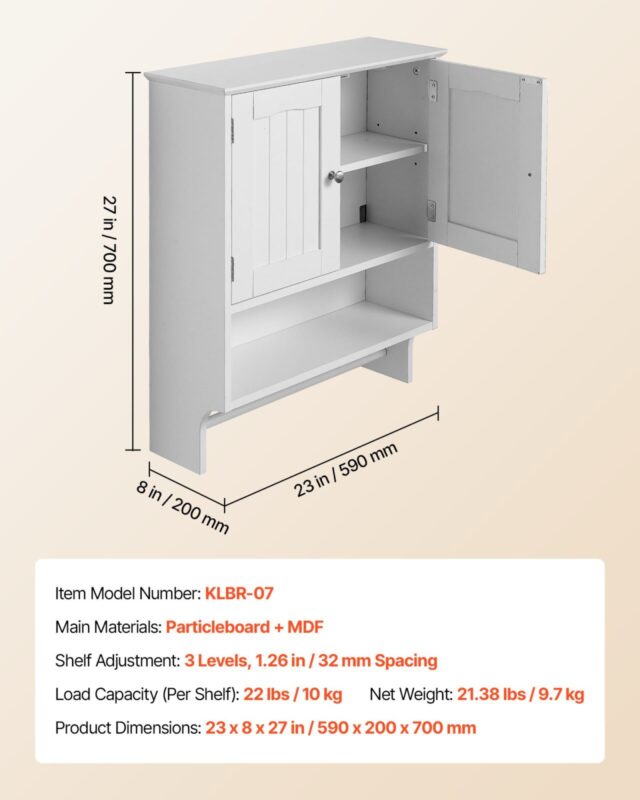 VEVOR Vannitoa seinakapp, 2 uksega, 590×200×700 mm