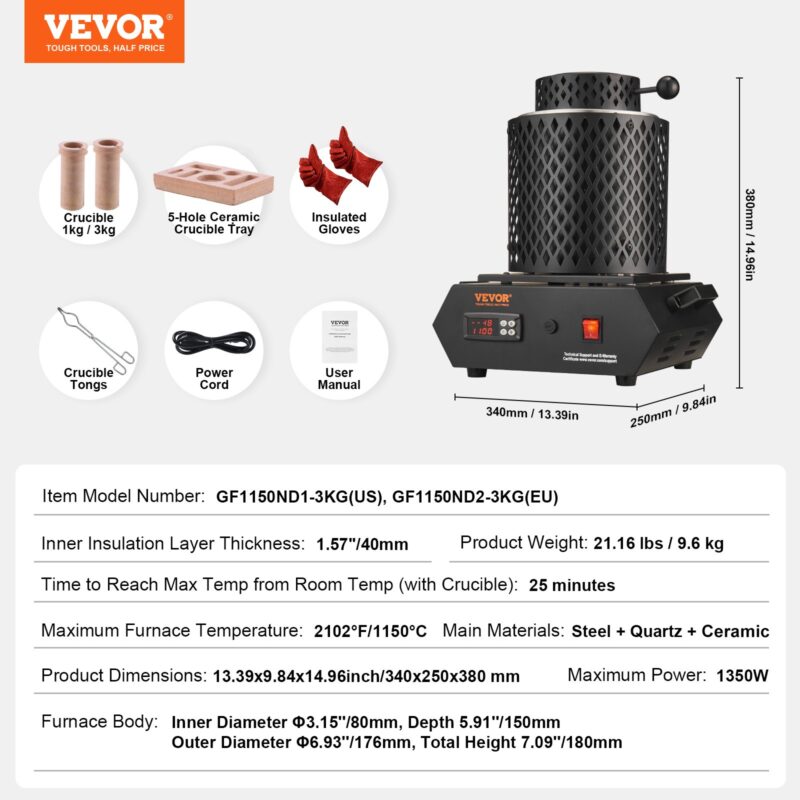 VEVOR Kulla sulatusahi, 1350 W, 1 kg, 3 kg