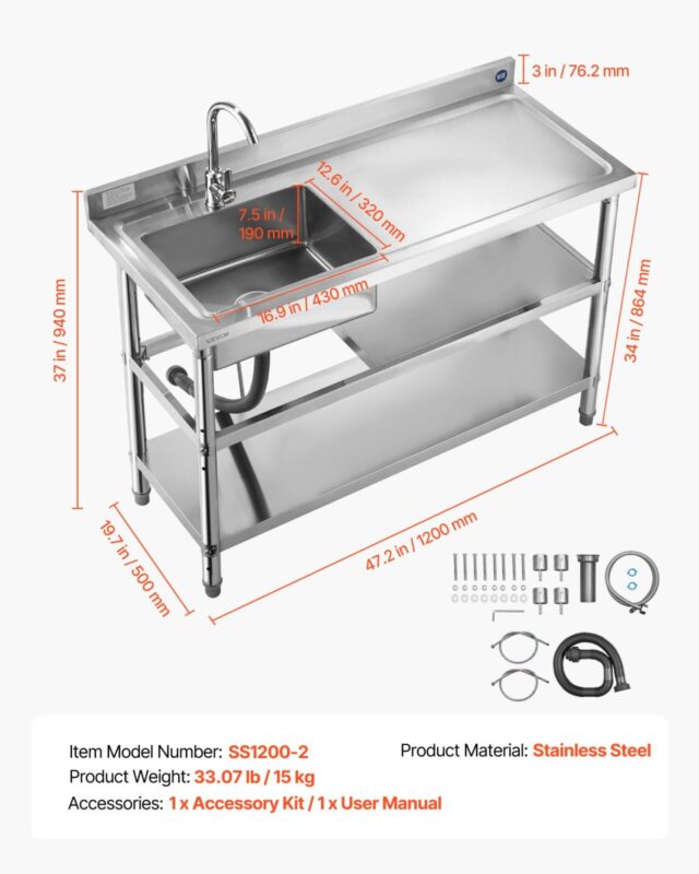 VEVOR Roostevabast terasest köögikraanikauss, 1200 x 500 x 940 mm, 15 kg