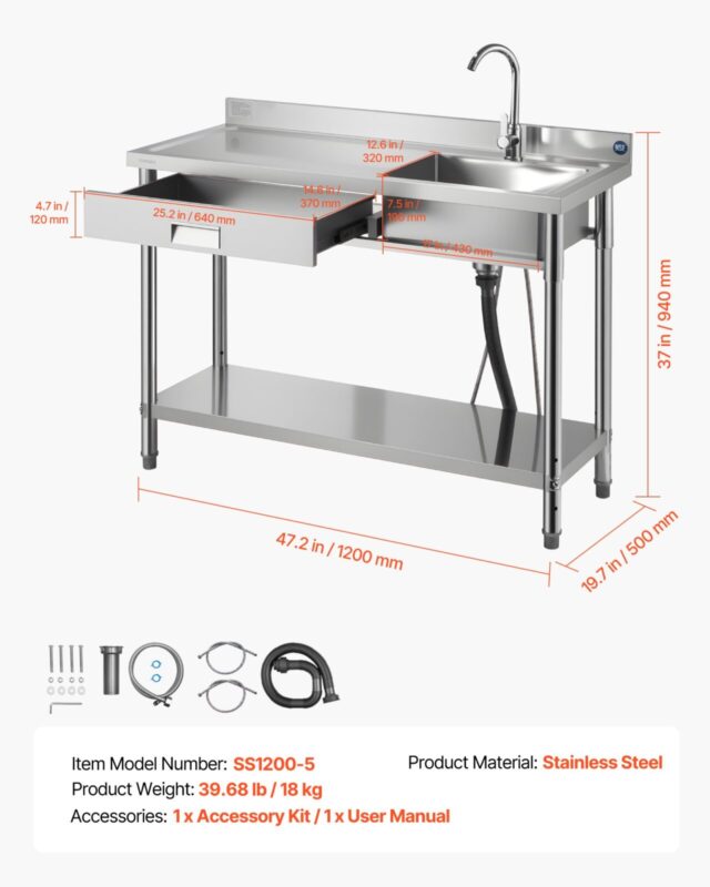 VEVOR Roostevabast terasest köögikraanikauss, 1200 x 500 x 940 mm, 18 kg
