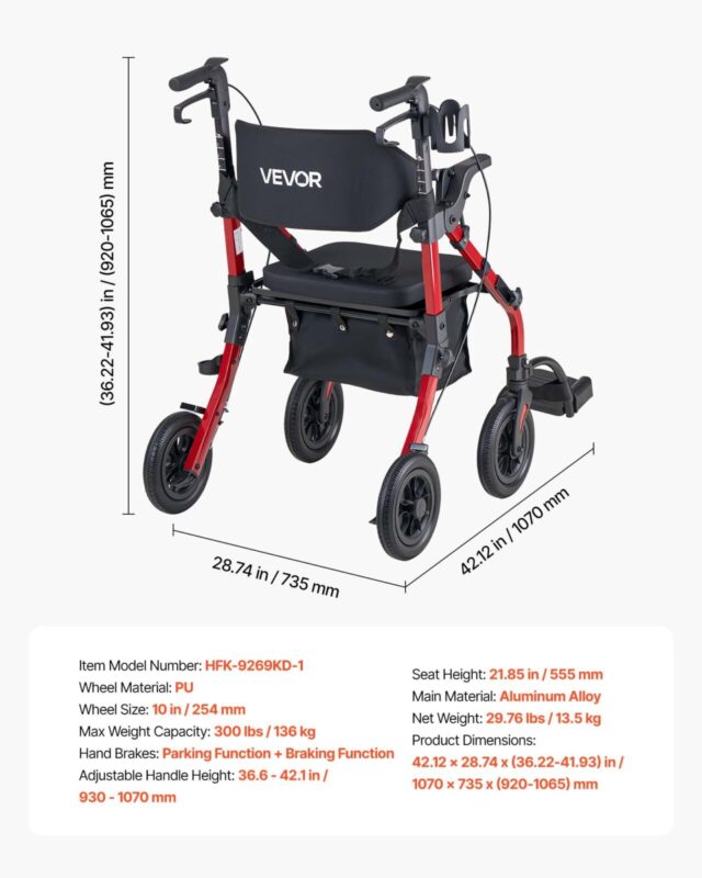 VEVOR 5.08 cm-1 rullkõnni- ja transporditool eakatele, 136 kg, 5,08 cm, punane