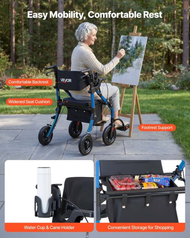 VEVOR 5.08 cm-1 rullkõnni- ja transporditool eakatele, 136 kg, 5,08 cm, sinine