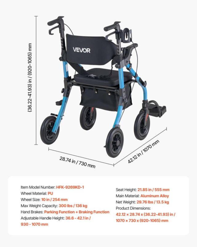VEVOR 5.08 cm-1 rullkõnni- ja transporditool eakatele, 136 kg, 5,08 cm, sinine