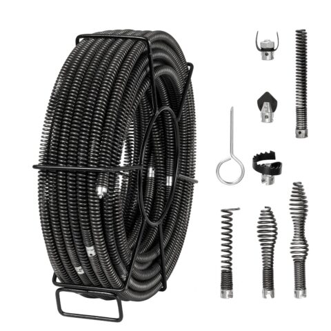Sectional Drain Cleaning Cable 30.5 m x 1.6 cm & 7 Cutters for 2-10 cm Pipes, 30,5 m