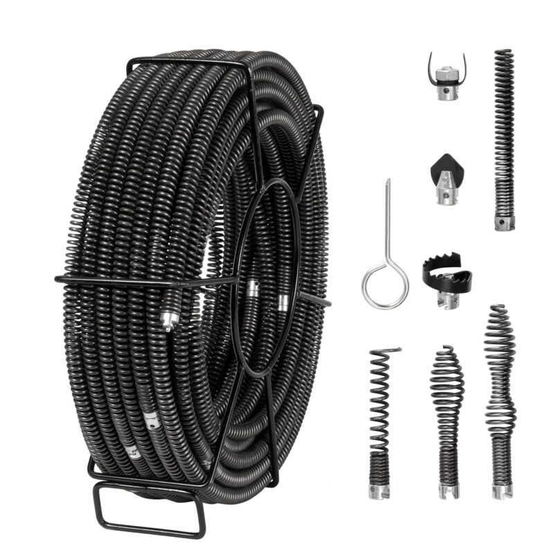 Sectional Drain Cleaning Cable 30.5 m x 1.6 cm & 7 Cutters for 2-10 cm Pipes, 30,5 m