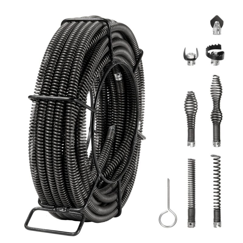 Sectional Drain Cleaning Cable 20.1 m x 1.6 cm & 7 Cutters for 2-10 cm Pipes, 20,1 m