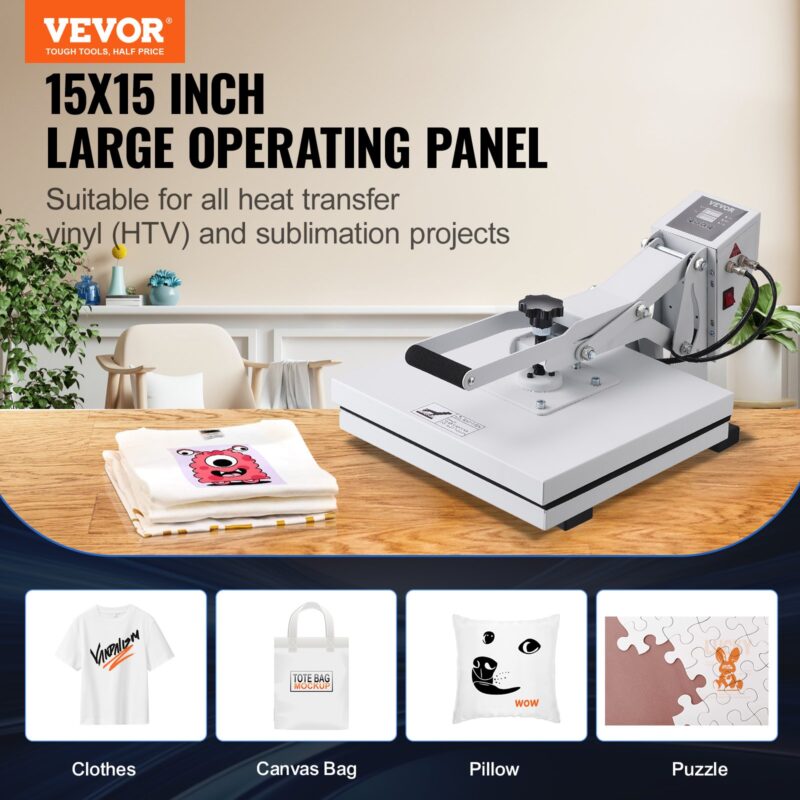VEVOR Kuumpress 38,1 x 38,1 cm sublimatsiooniprinter isetehtud T-särkidele, valge