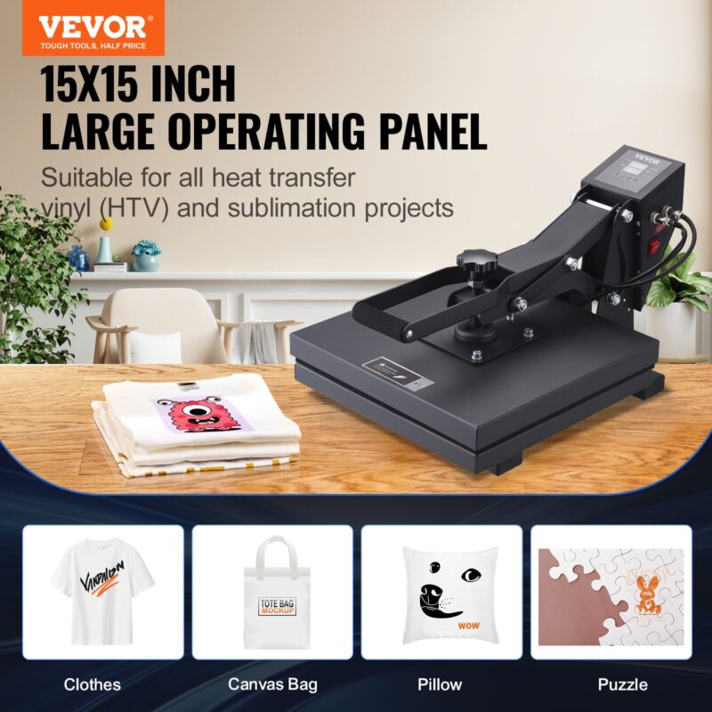 VEVOR Kuumpress 38,1 x 38,1 cm sublimatsiooniprinter isetehtud T-särkidele, must