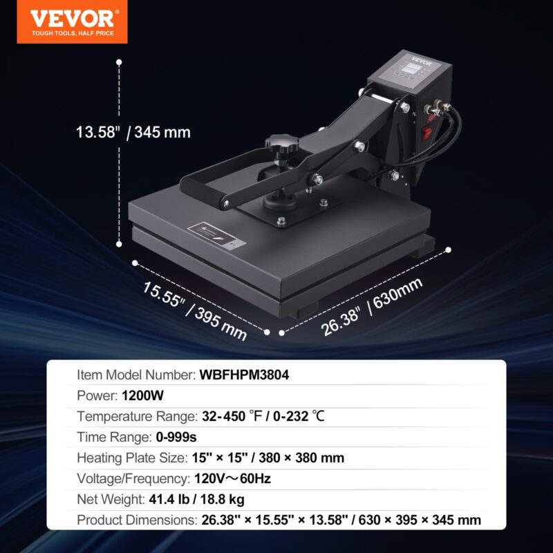 VEVOR Kuumpress 38,1 x 38,1 cm sublimatsiooniprinter isetehtud T-särkidele, must