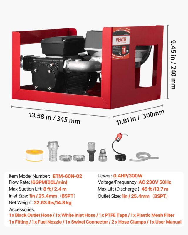VEVOR Kütuseülekandepump 230V, 60 L, 13,7 m, 16,0 kg