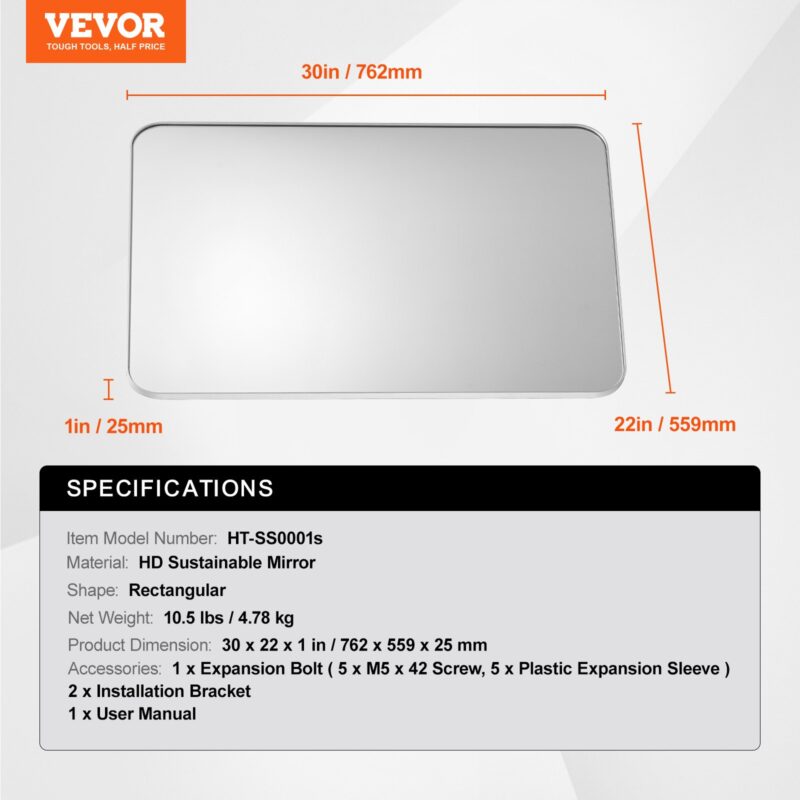 VEVOR Seinale kinnitatav meigipeegel, 3,81 mm, 55,9 x 76,2 cm, 762×559×25 mm