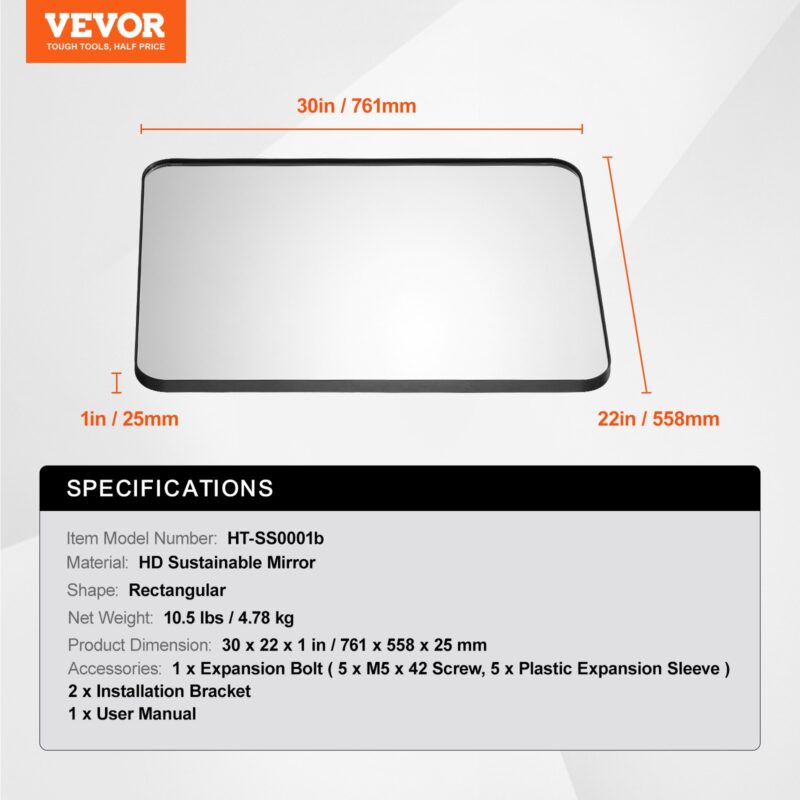VEVOR Seinale kinnitatav meigipeegel, 3,81 mm, 55,9 x 76,2 cm, 761×558×25 mm