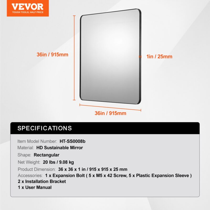 VEVOR Seinale kinnitatav meigipeegel, 3,81 mm, 91,4 x 91,4 cm, 08 kg
